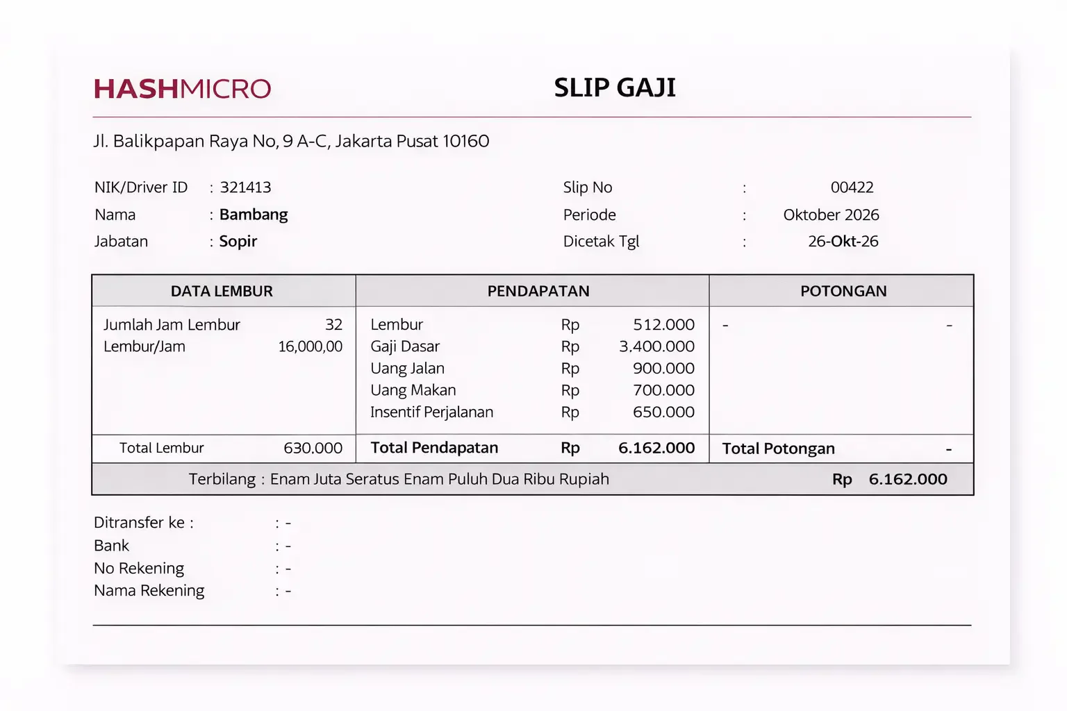 Slip Gaji Sopir atau Driver