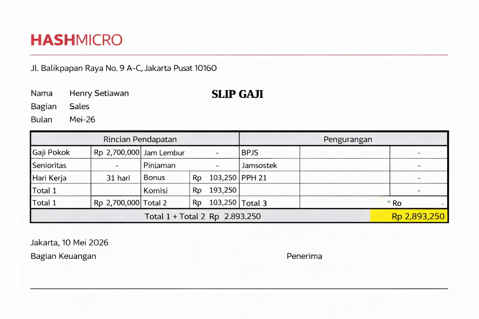 Slip Gaji Staf Sales dengan Komisi