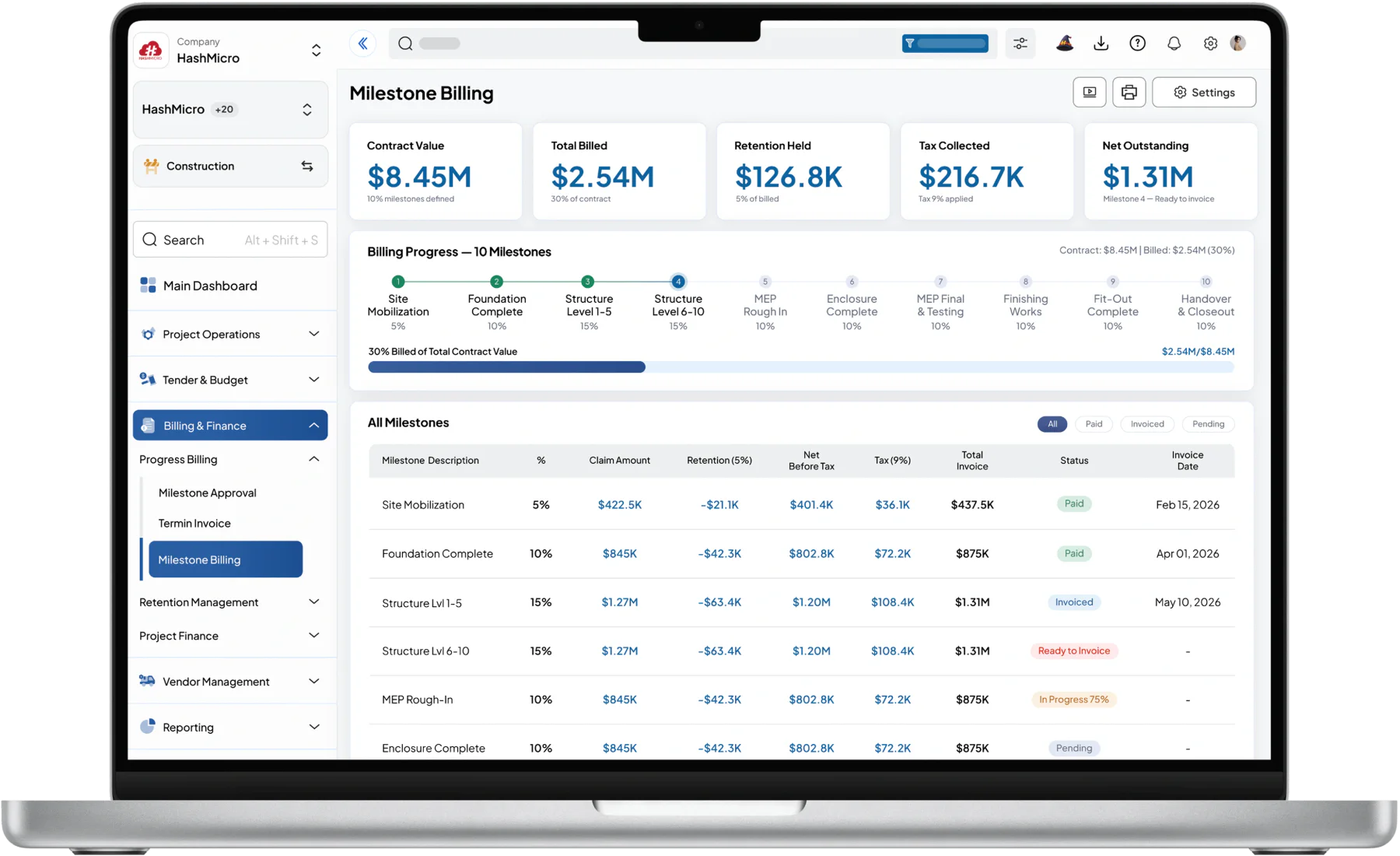 construction dashboard HashMicro for Milestone-Based Progress Billing