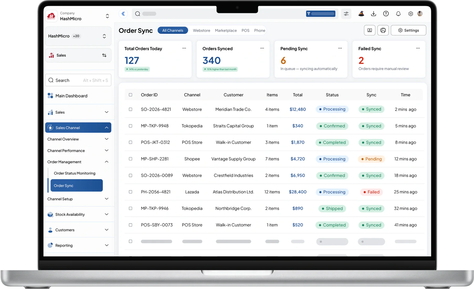 sales dashboard HashMicro for Multi-Channel Order Sync