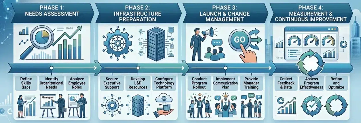 employee development implementation framework infographic four phases