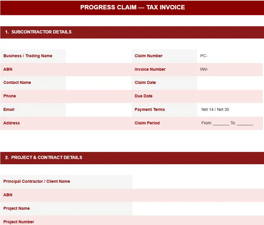 PROGRESS CLAIM INVOICE TEMPLATE