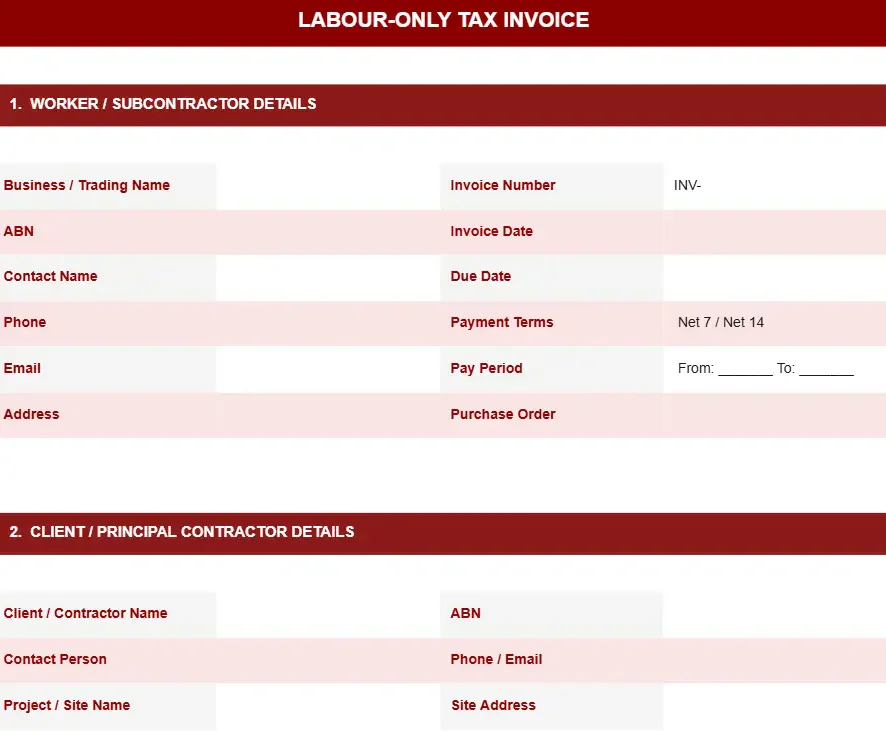 LABOUR-ONLY SUBCONTRACTOR INVOICE TEMPLATE