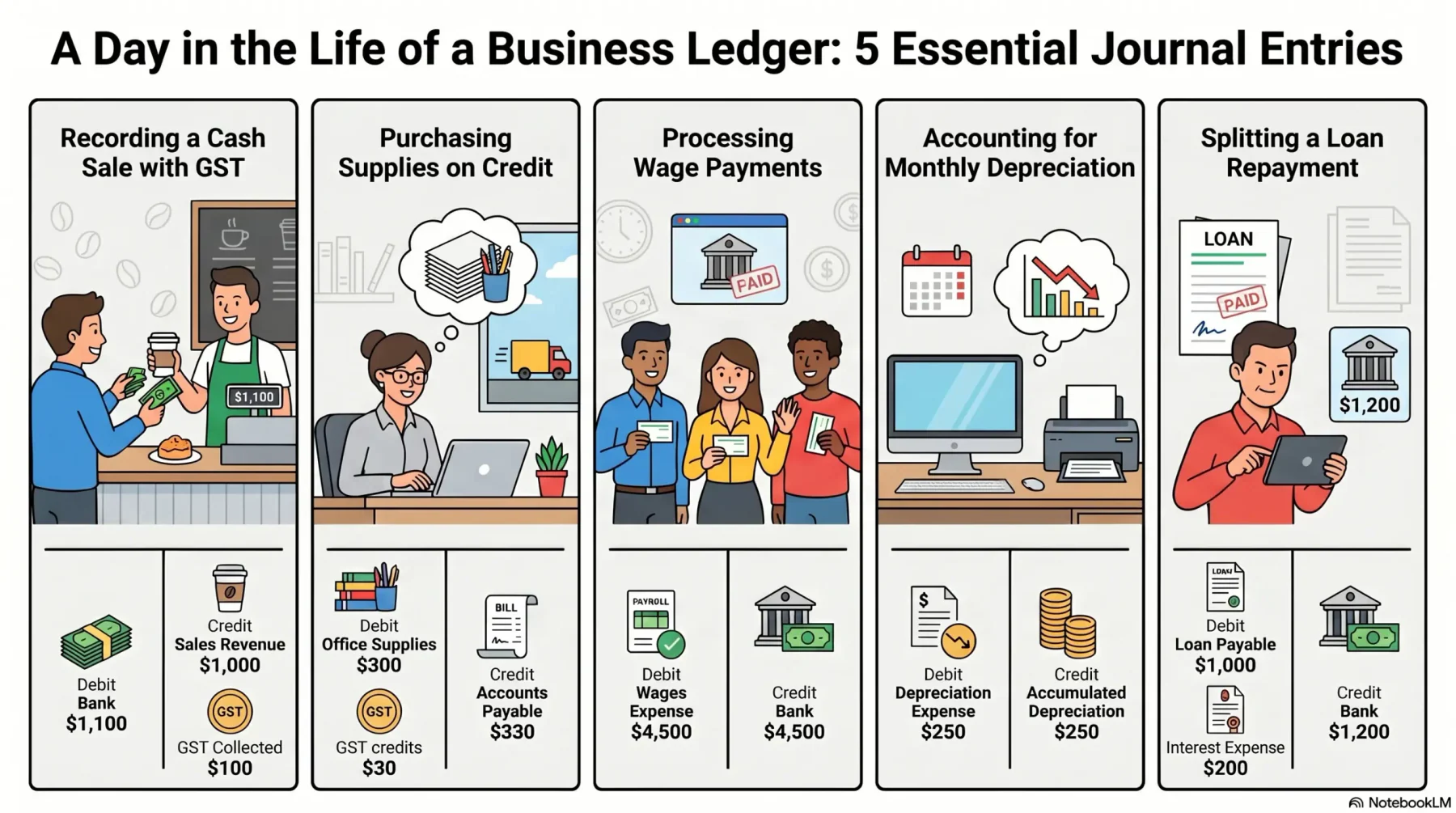 Five essential business journal entries diagram