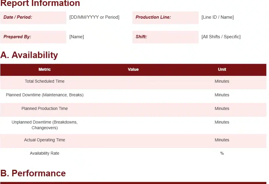 OEE/PRODUCTION EFFICIENCY REPORT TEMPLATE