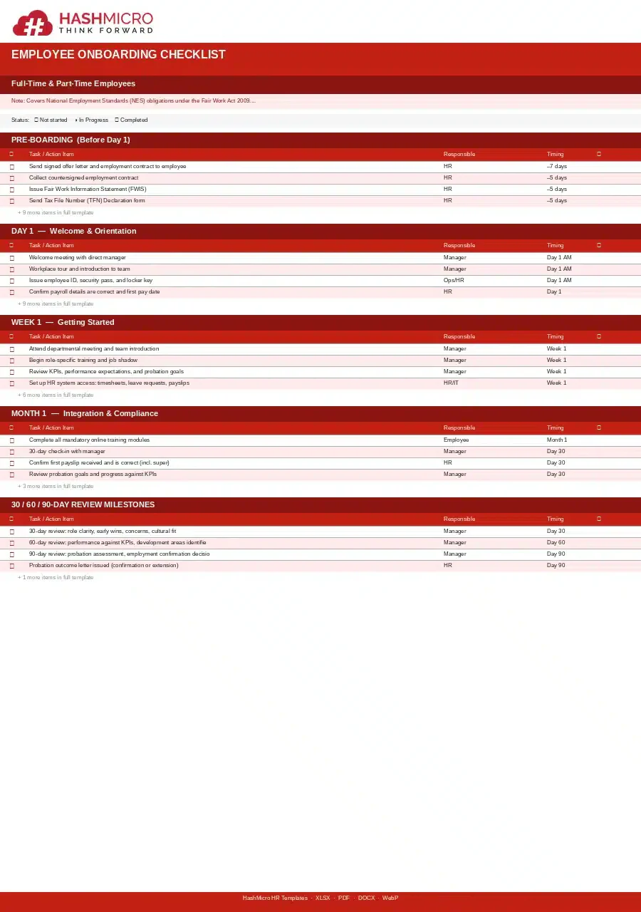 Onboarding Checklist For Full-Time and Part-Time Employees Template