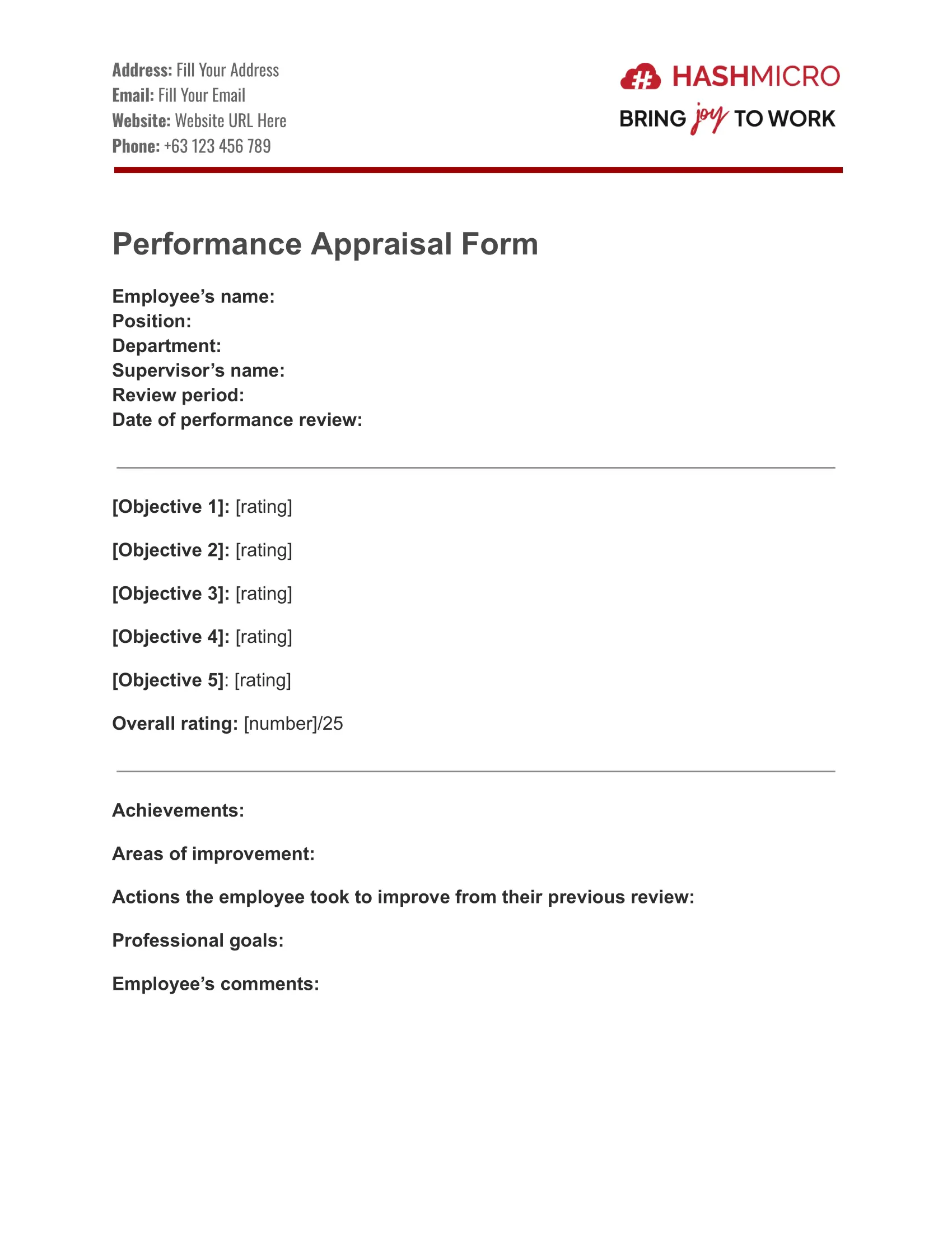 Performance Appraisal Form Template