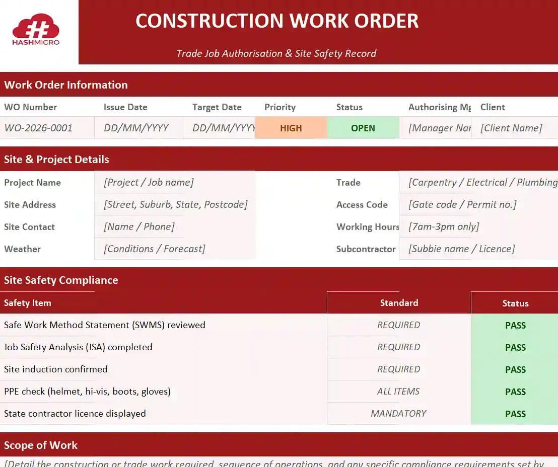 Construction and trades work order template