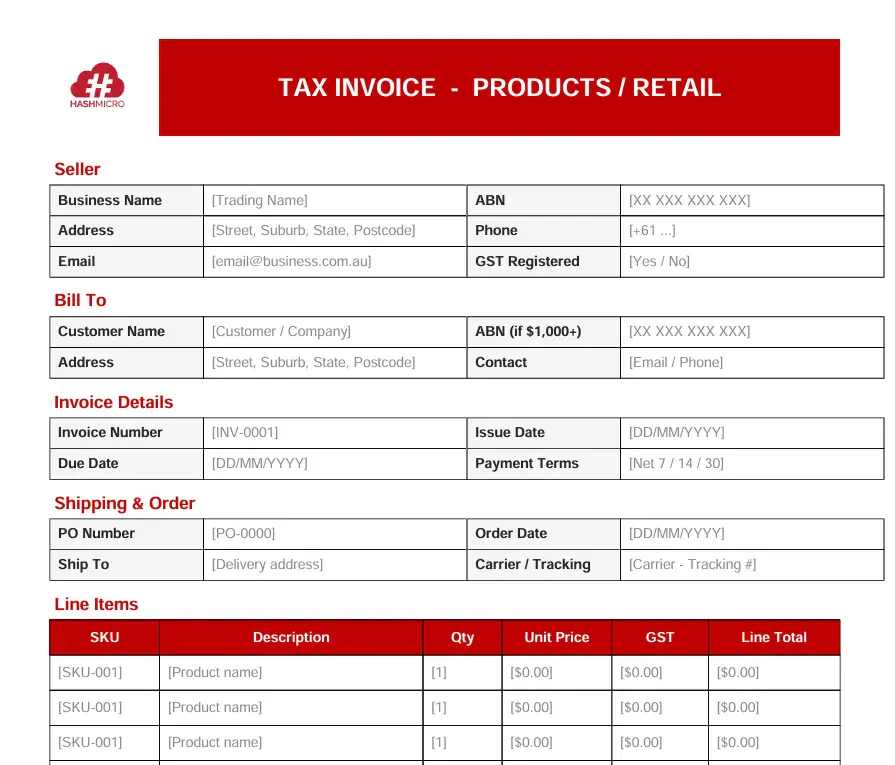 Tax Invoice for Product/Retail Template