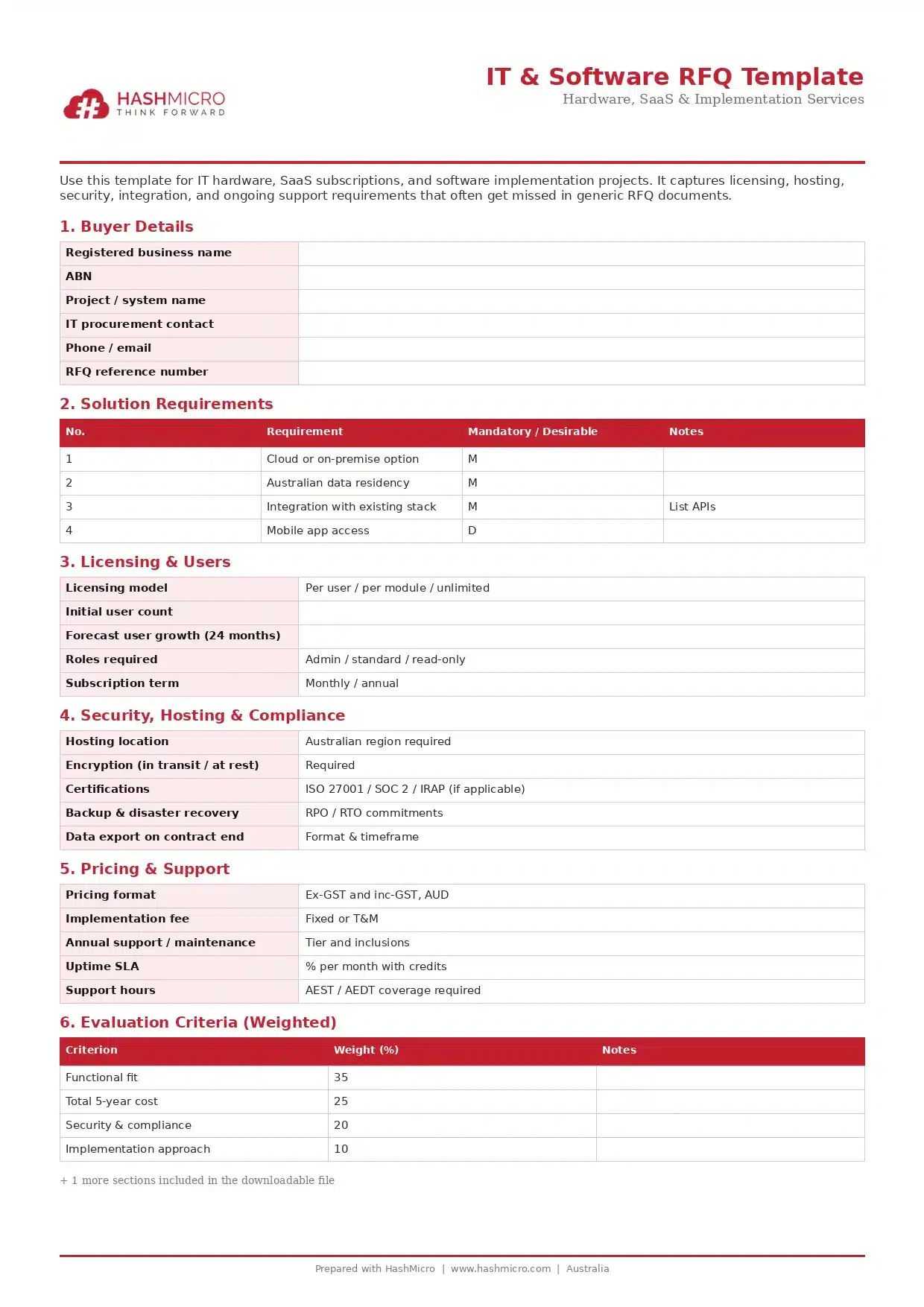IT/Software RFQ Template