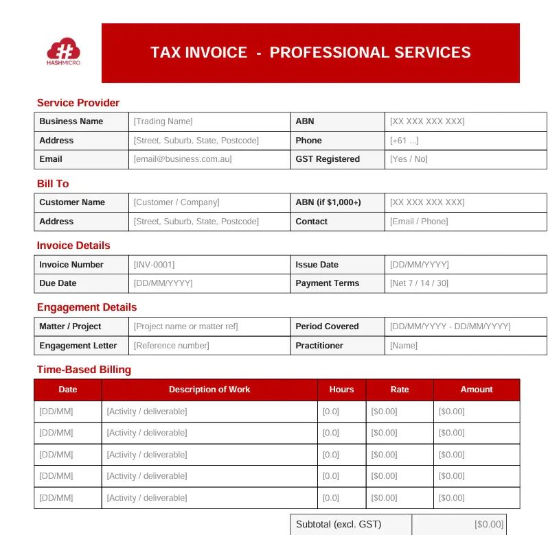 Tax invoice for Professional Services Template