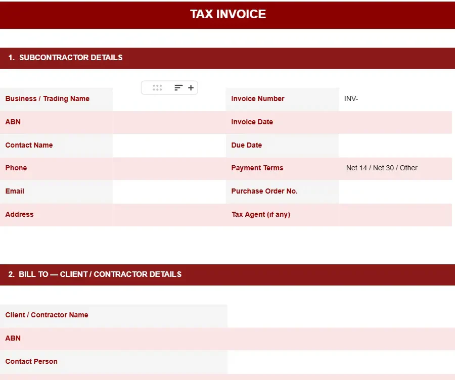 STANDARD SUBCONTRACTOR TAX INVOICE TEMPLATE