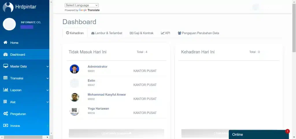 tampilan dashboard hrd pintar