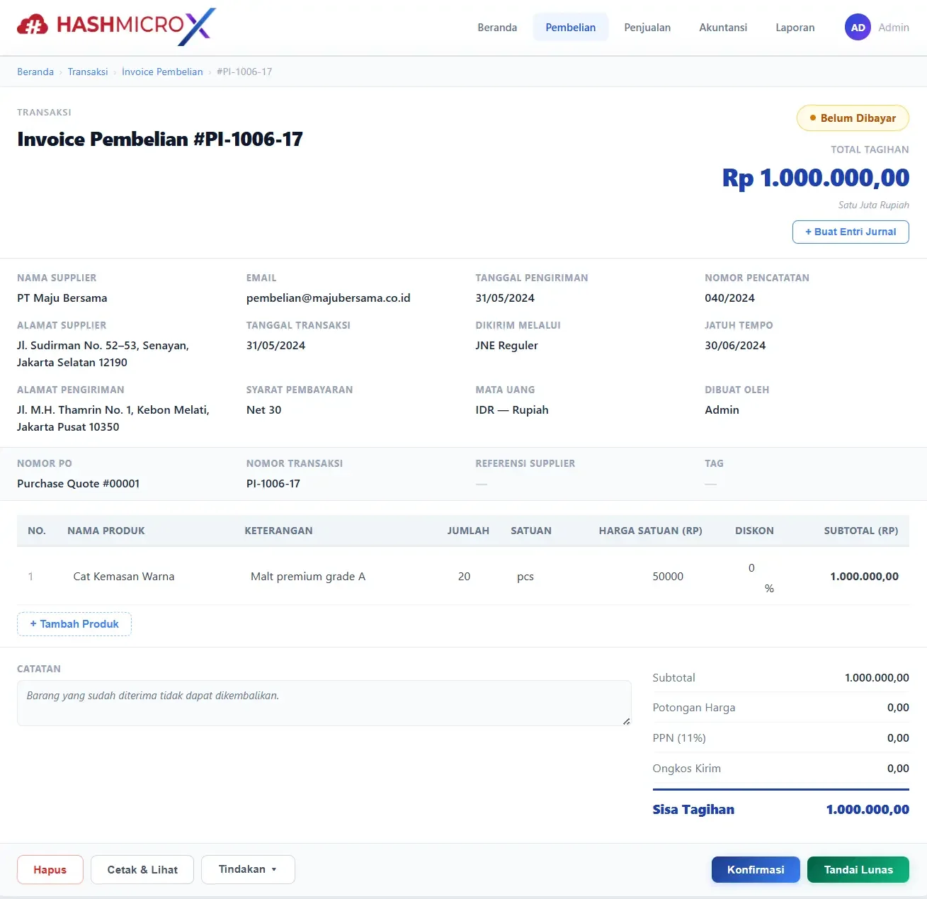 Invoice pembelian software akuntansi