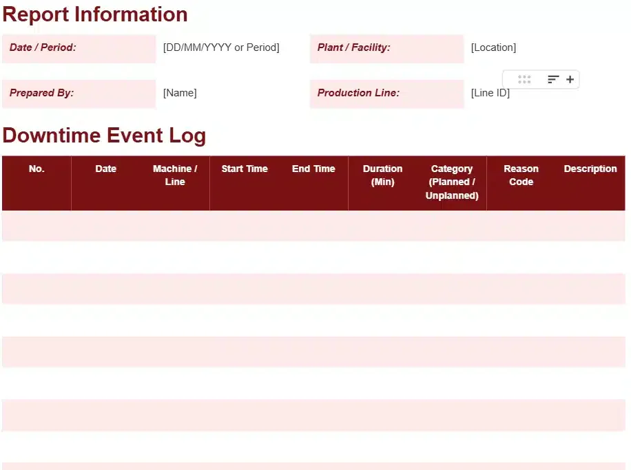 DOWNTIME TARCKING REPORT TEMPLATE
