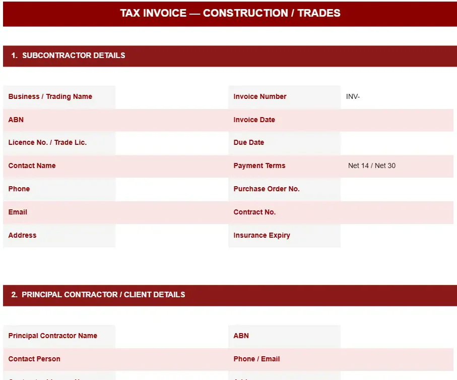 CONSTRUCTION OR TRADES SUBCONTARCTOR INVOICE TEMPLATE