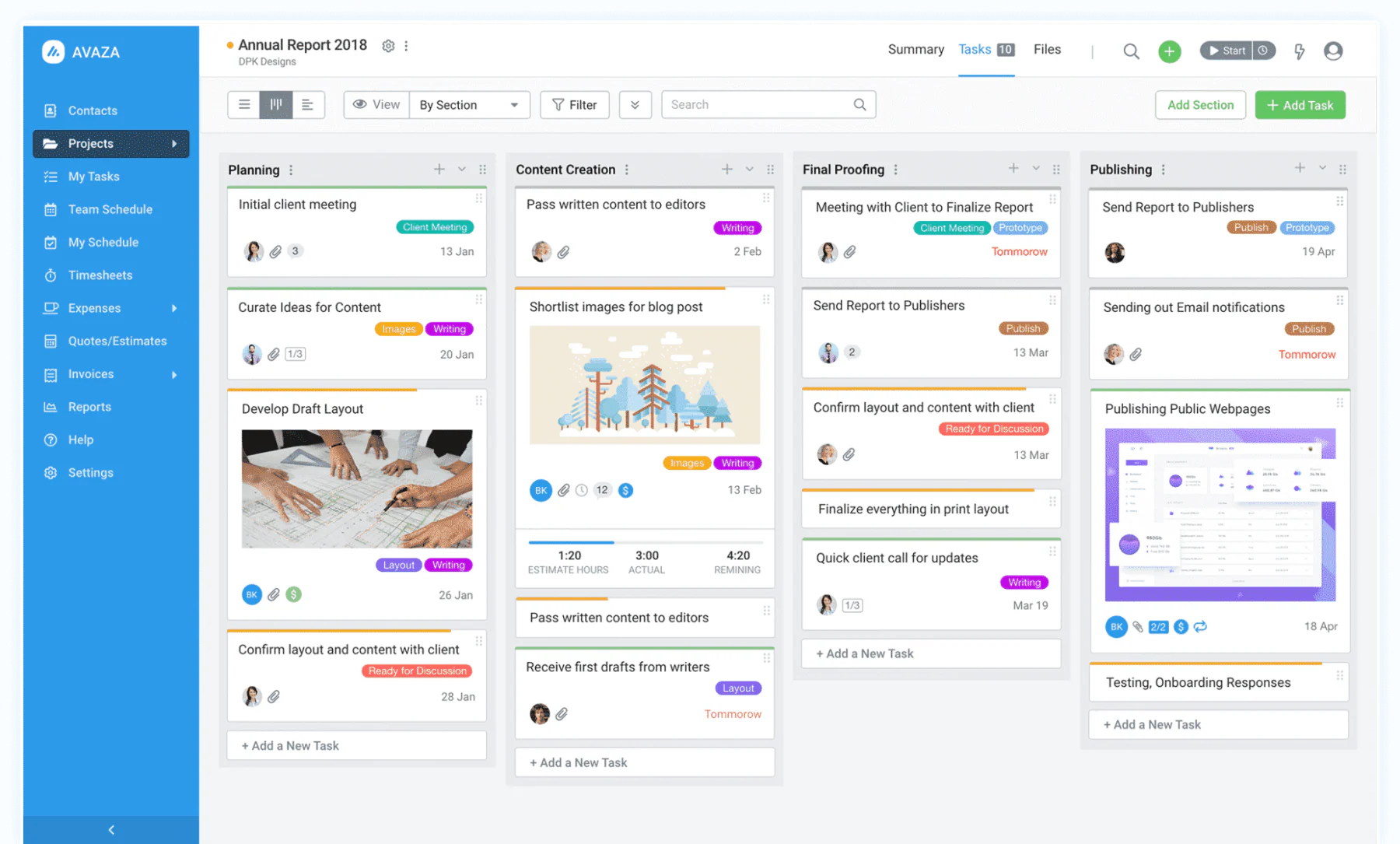 Avaza professional services software dashboard