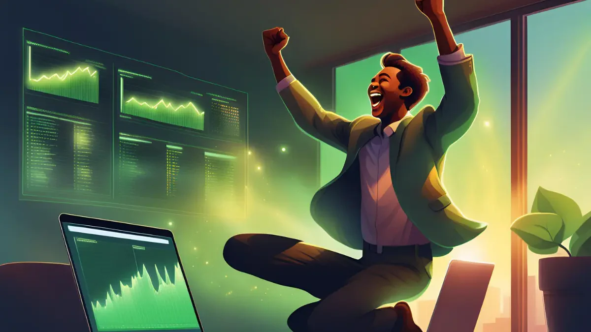 a worker jumping happily with fist in the air while holding a laptop which shows good financial report
