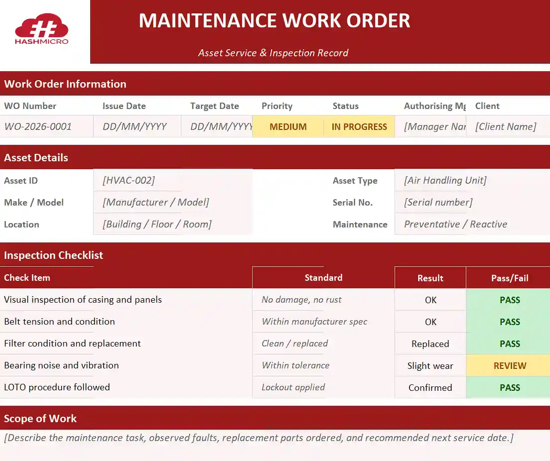 Maintenance and facilities work order template