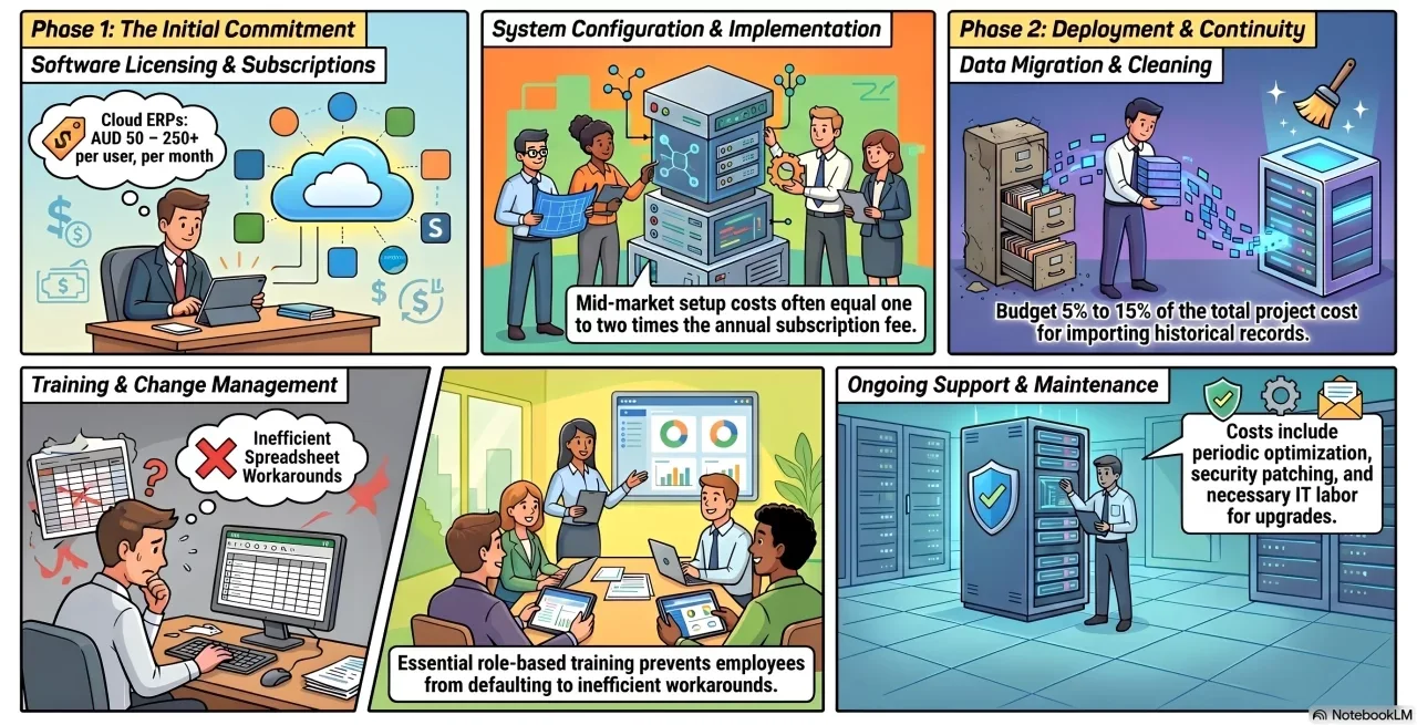 erp cost breakdown software implementation migration training and support
