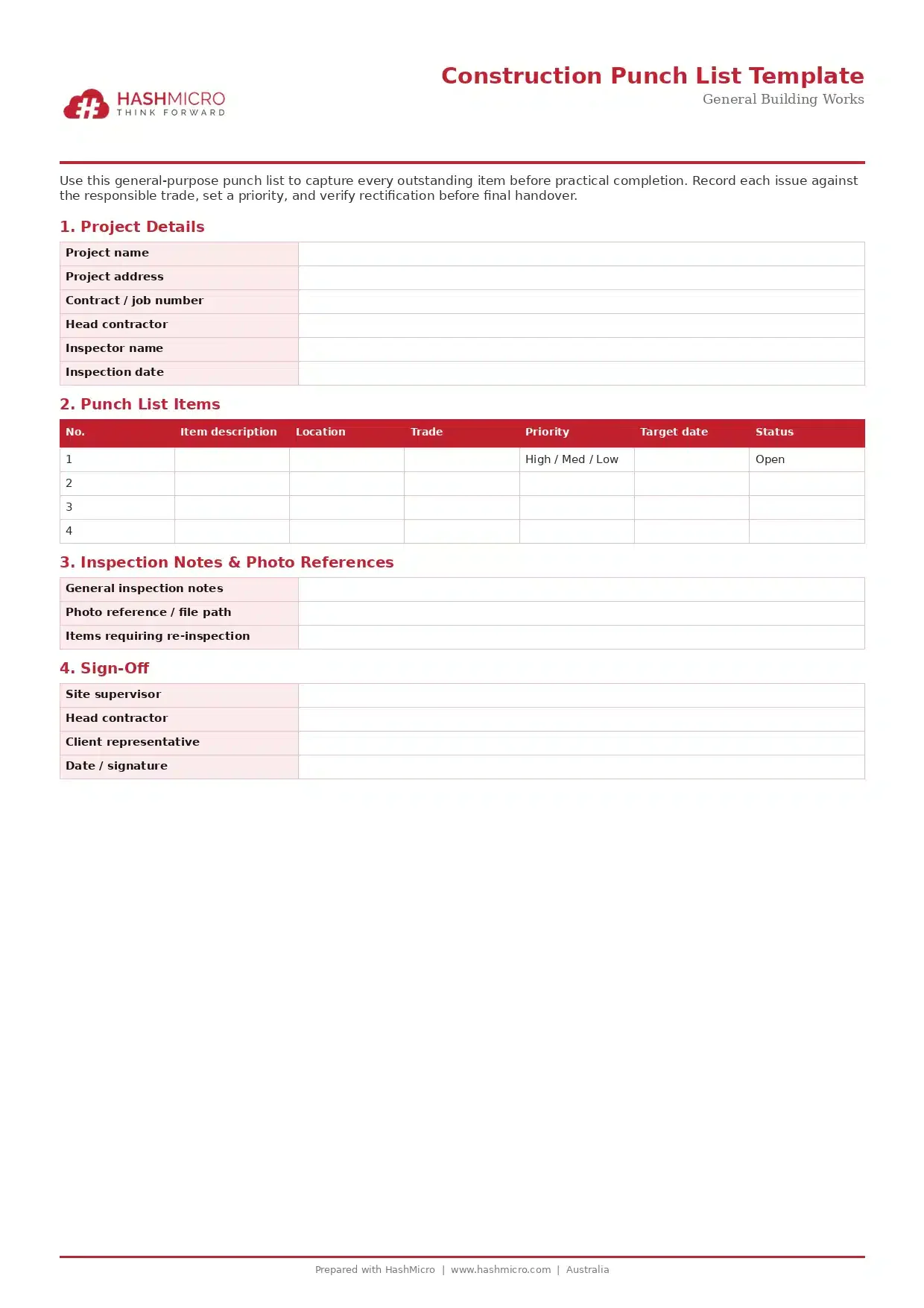Construction Punch List Template