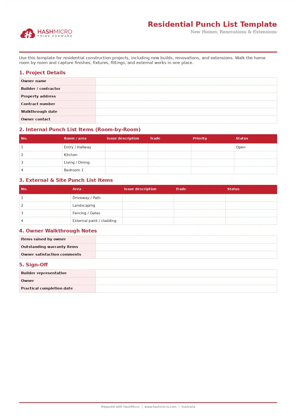 Residential Punch List Template