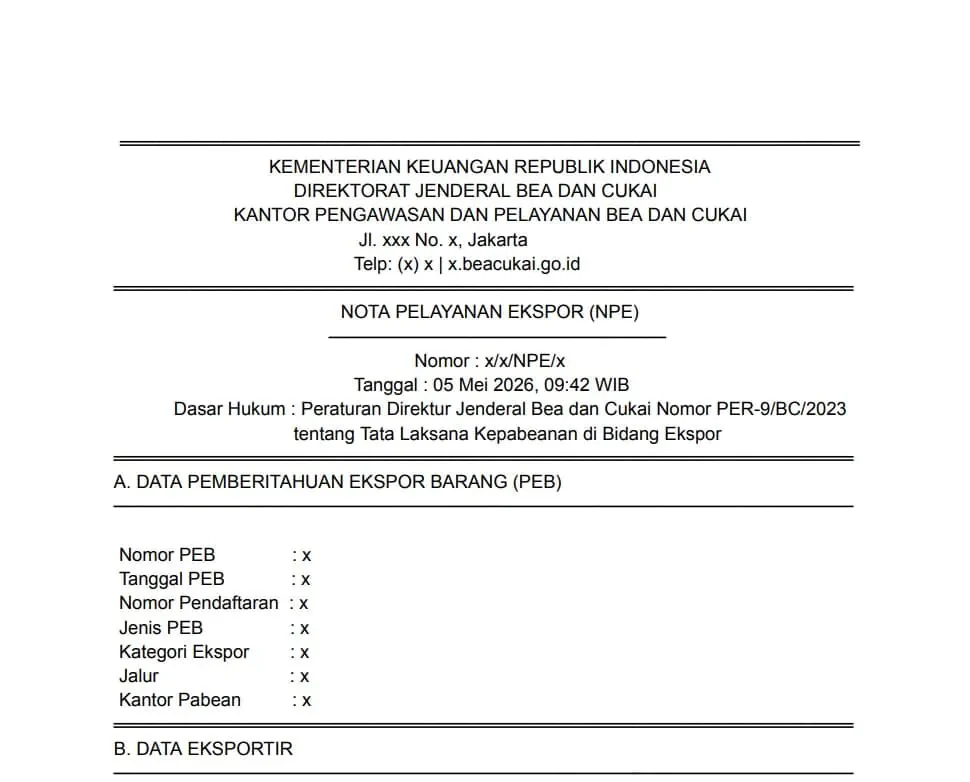 Contoh Nota Pelayanan Ekspor