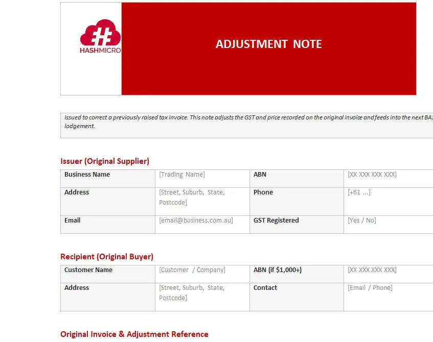 Adjustment Note template
