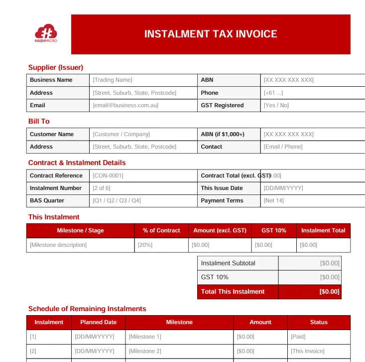 Instalment tax invoice template