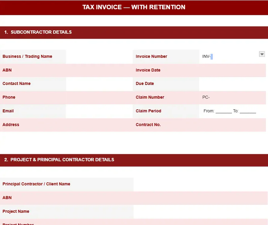 SUBCONTRACTOR INVOICE WITH RETENTION TEMPLATE