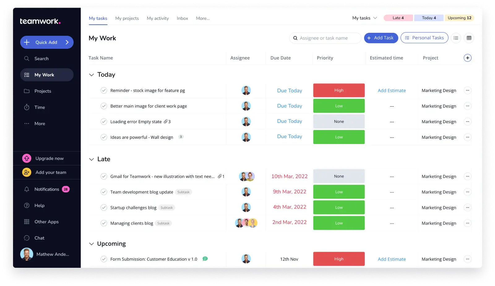 Teamwork professional services software dashboard