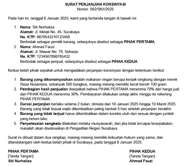Template Surat Perjanjian Konsinyasi