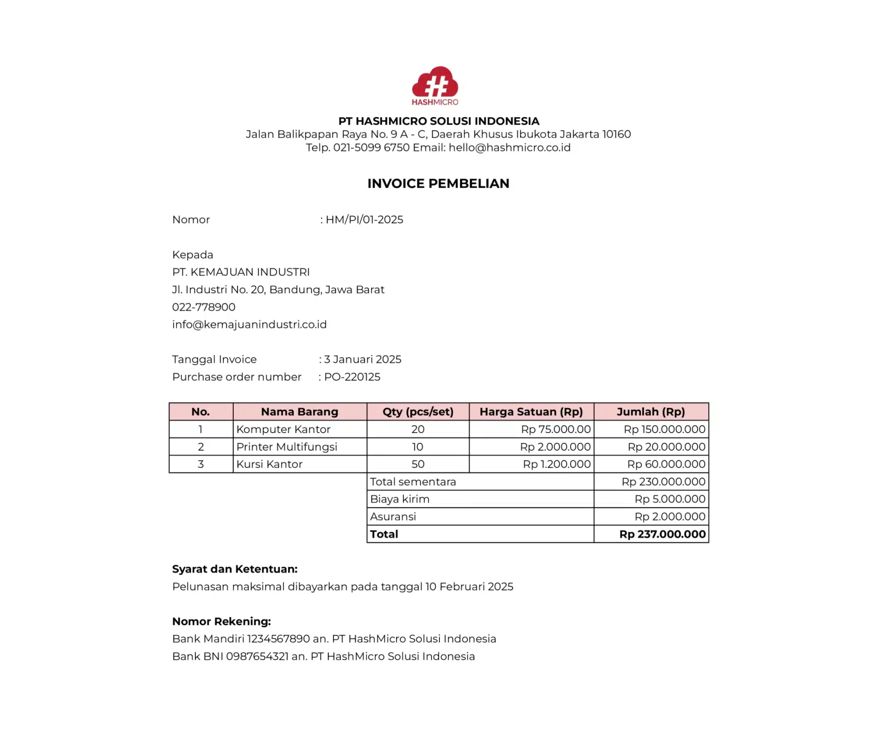 Contoh Invoice Pembelian