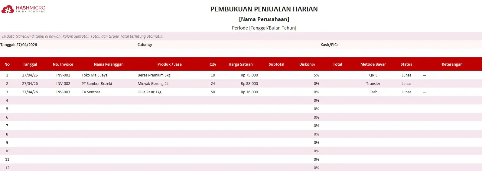 Template Pembukuan Penjualan Harian Excel & PDF