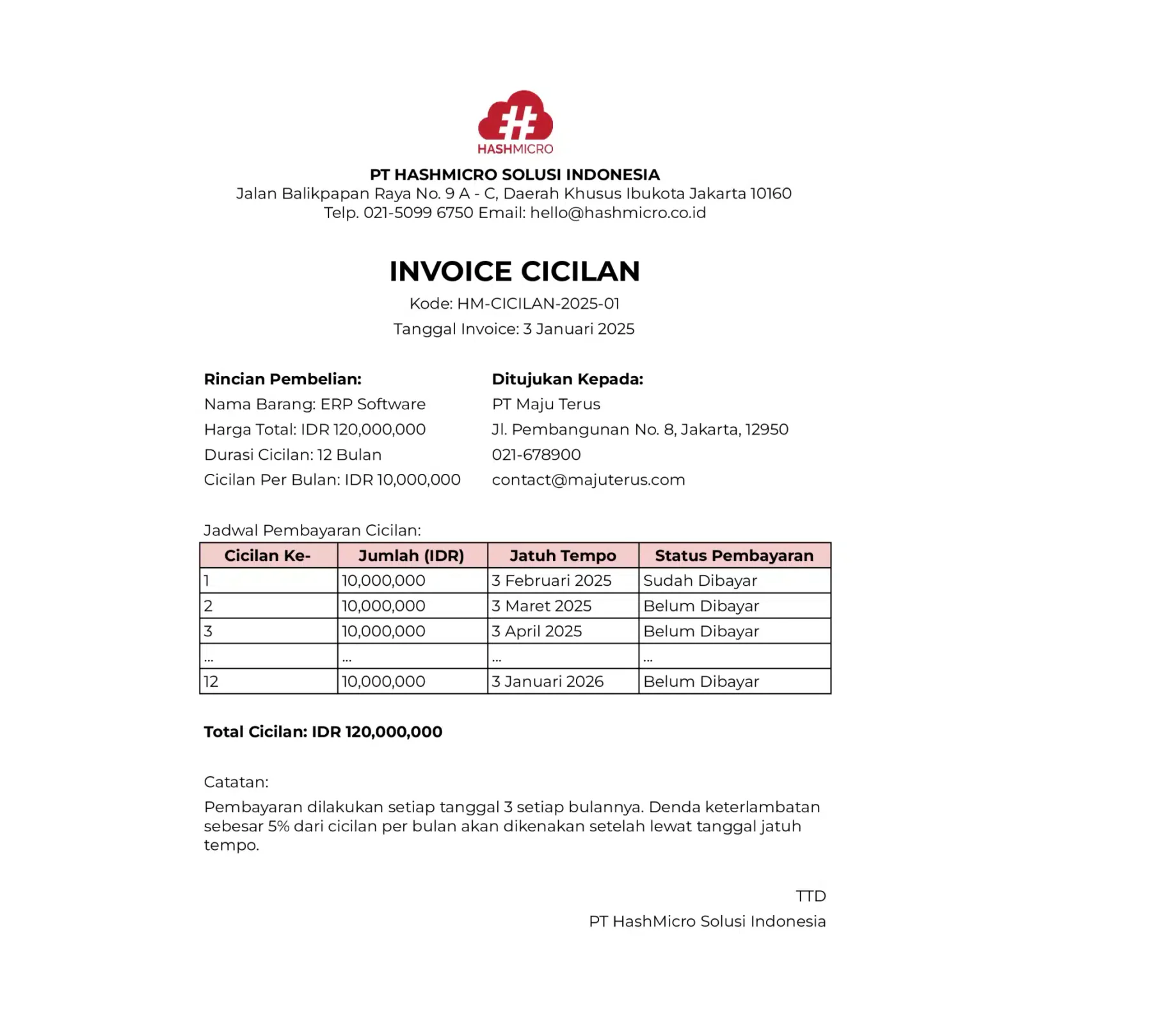 Contoh Invoice Cicilan