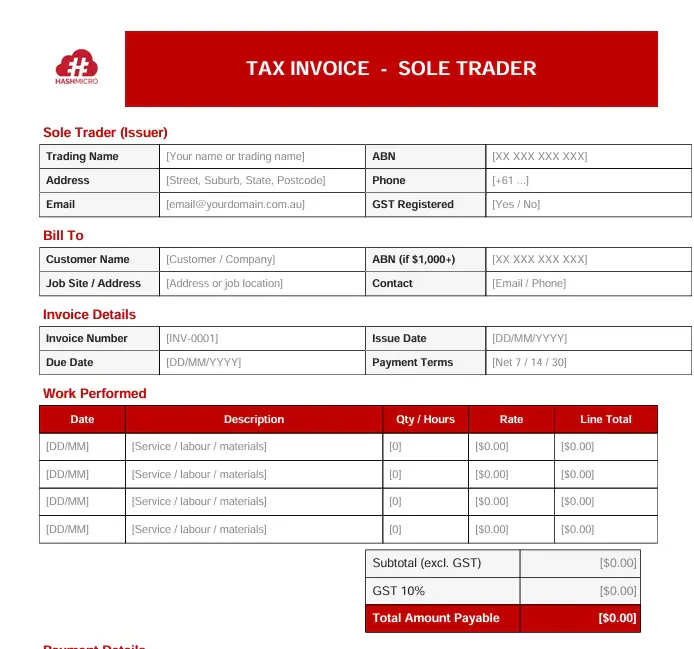 Sole Trader Tax Invoice template