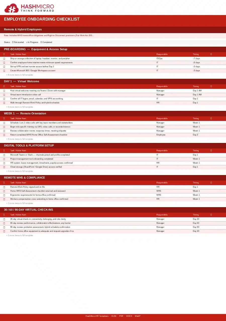 Onboarding Checklist For Remote And Hybrid Employees Template