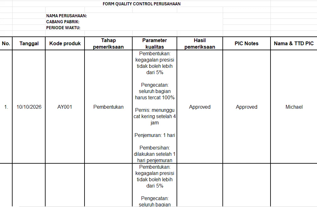 Contoh Template Form Quality Control Produksi