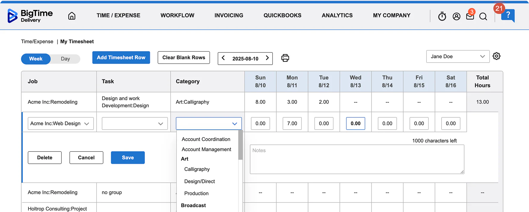 BigTime professional services software dashboard