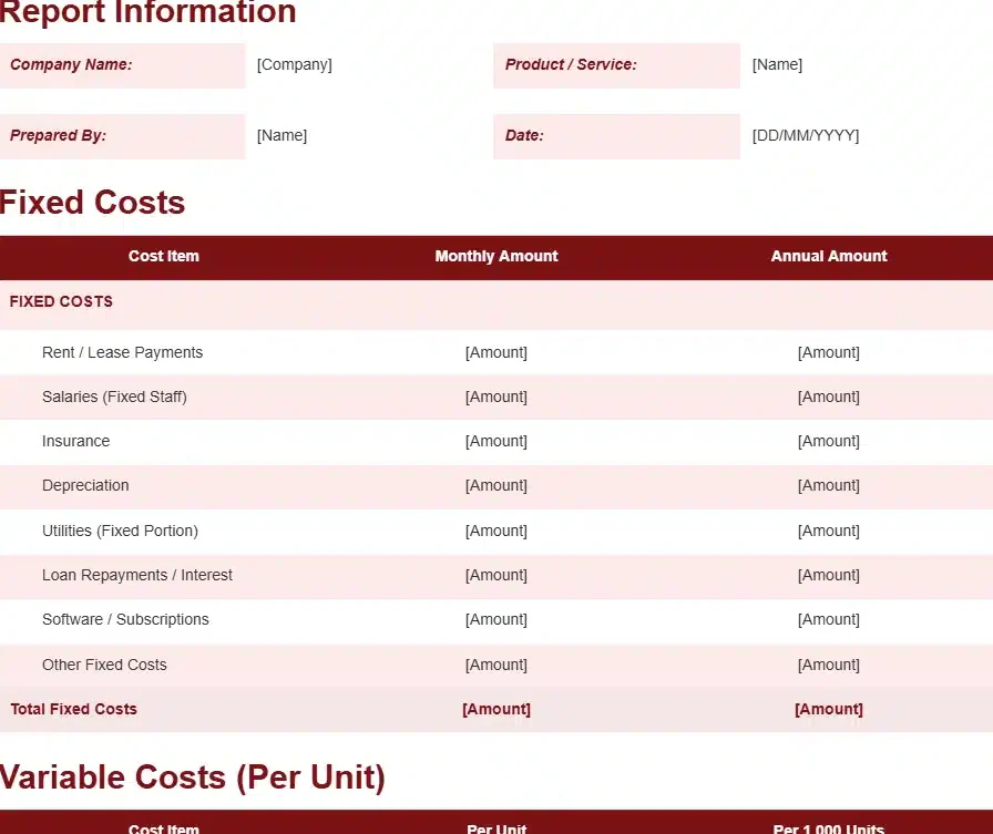 BREAK EVEN ANALYSIS REPORT TEMPLATE