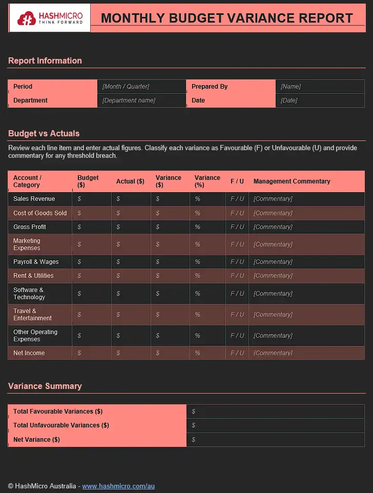 Monthly budget variance report template