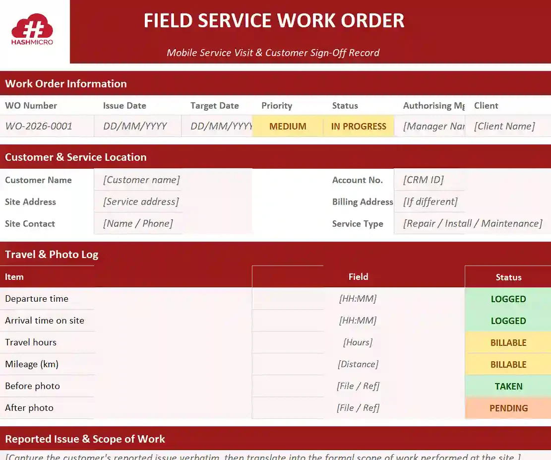Field service work order template