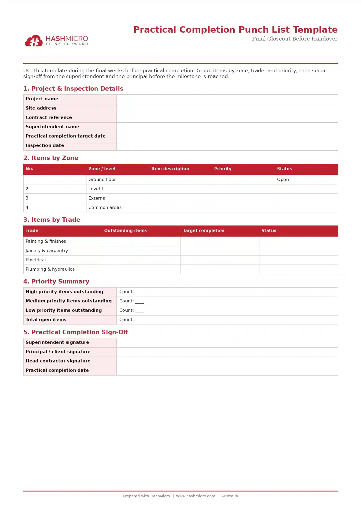 Practical Completion Punch List Template