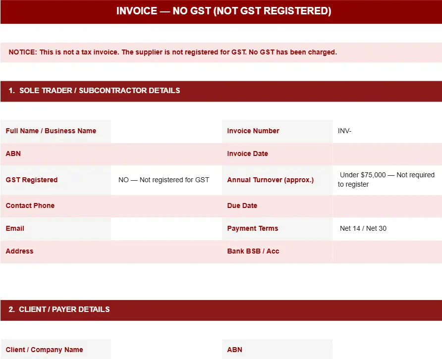 SOLE TRADER NON-GST INVOICE TEMPLATE