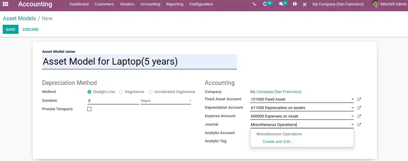 tampilan menu asset models - Aset Odoo