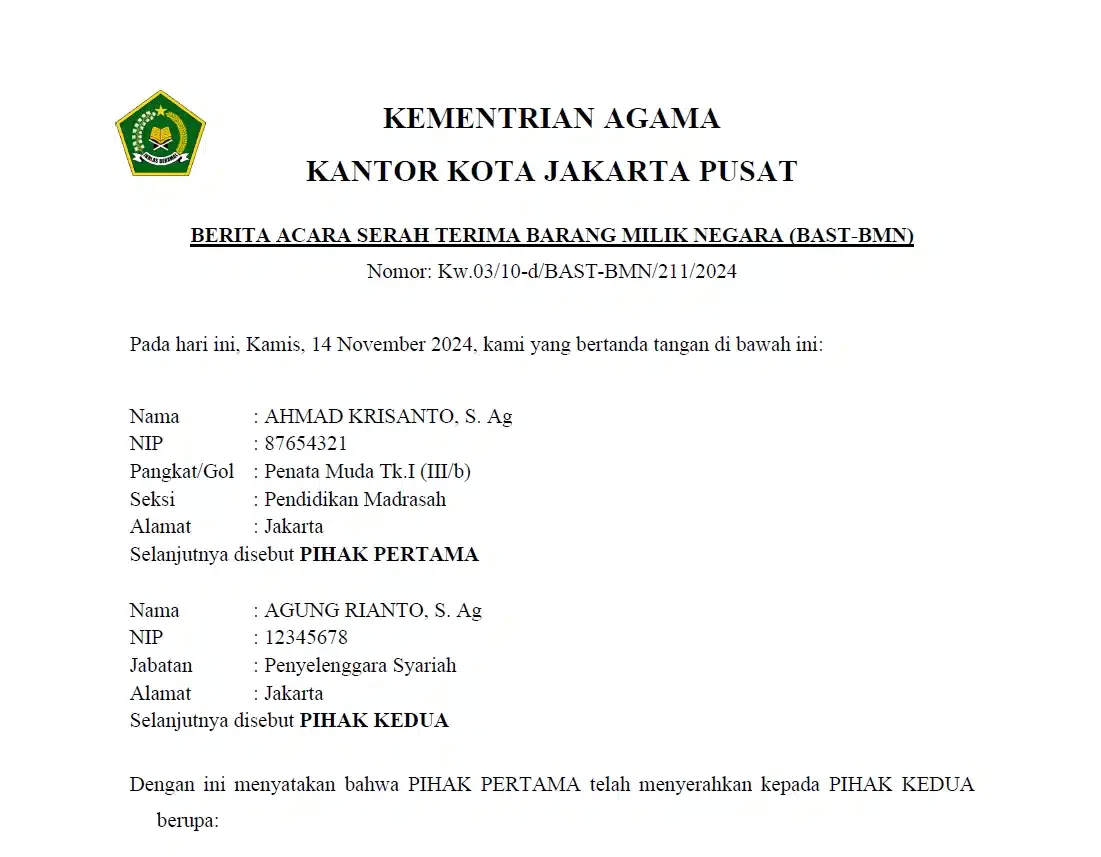 Download Contoh surat serah terima inventaris kantor milik negara