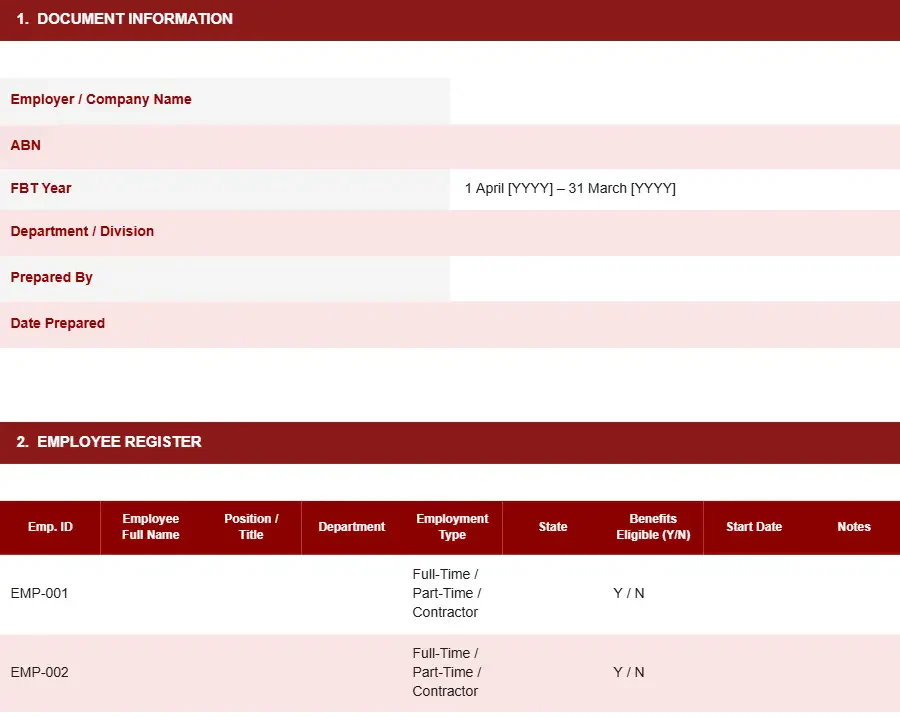 EMPLOYEE BENEFIT TRACKING TEMPLATE