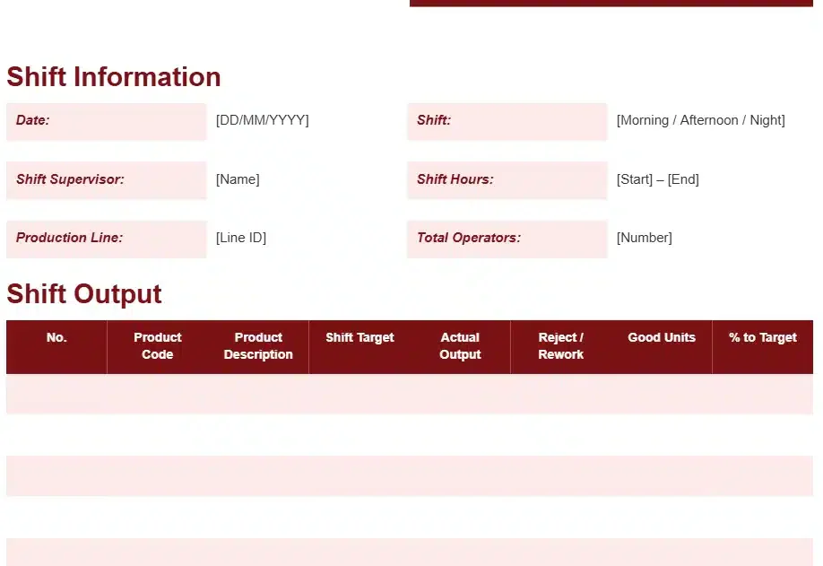 SHIFT PRODUCTION REPORT TEMPLATE