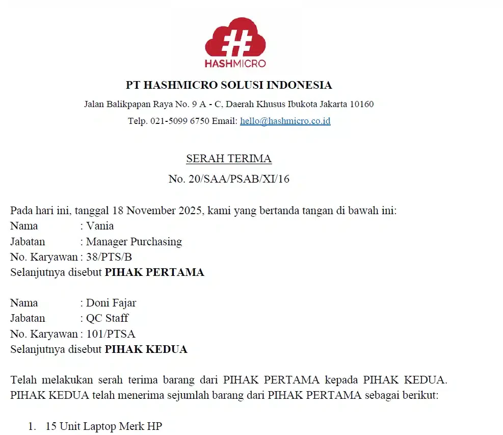 Download Contoh surat serah terima barang inventaris kantor (perusahaan atau badan usaha swasta)
