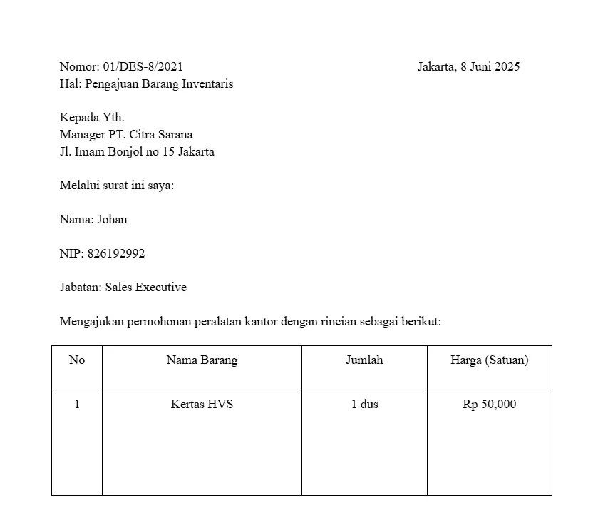 Contoh Surat Pengajuan Barang Inventaris Kantor